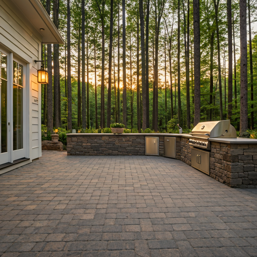 A luxurious stone patio area featuring high-end interlocking pavers and a modern outdoor kitchen setup.