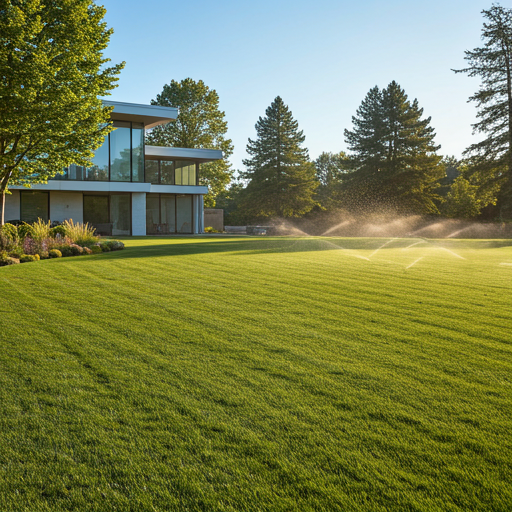 A wide-angle shot of a perfectly manicured emerald green lawn stretching toward a contemporary glass-walled home.