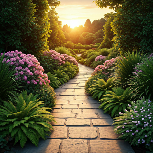 A lush, expertly manicured landscape design featuring a winding stone path through a vibrant garden of ferns and flowering shrubs during a golden hour sunset. The lighting is soft and warm, highlighting the intricate textures of the stone and the deep greens of the foliage. This architectural garden scene embodies the professional craftsmanship and organic minimalism of Verdant Arch Landscaping.